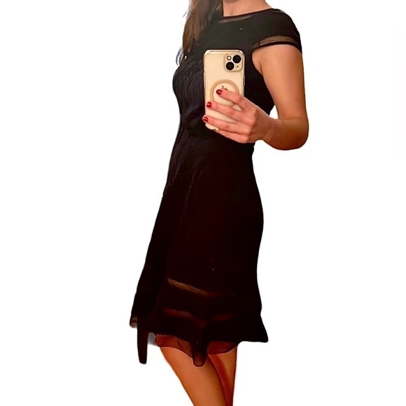 Adrianna‎ Papell Navy Blue Lacey Midi Dress - Cap Sleeves, Boat Neck, Flared Hem - Picture 3 of 12